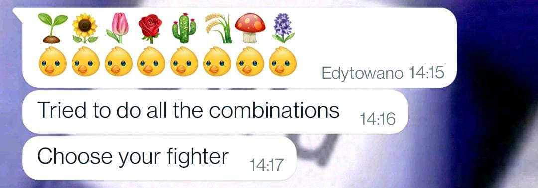 Screenshot from a whatsapp conversation, where my gf sent me a bunch of chicken emoji with plants on their head. They conclude by saying "Choose your fighter"