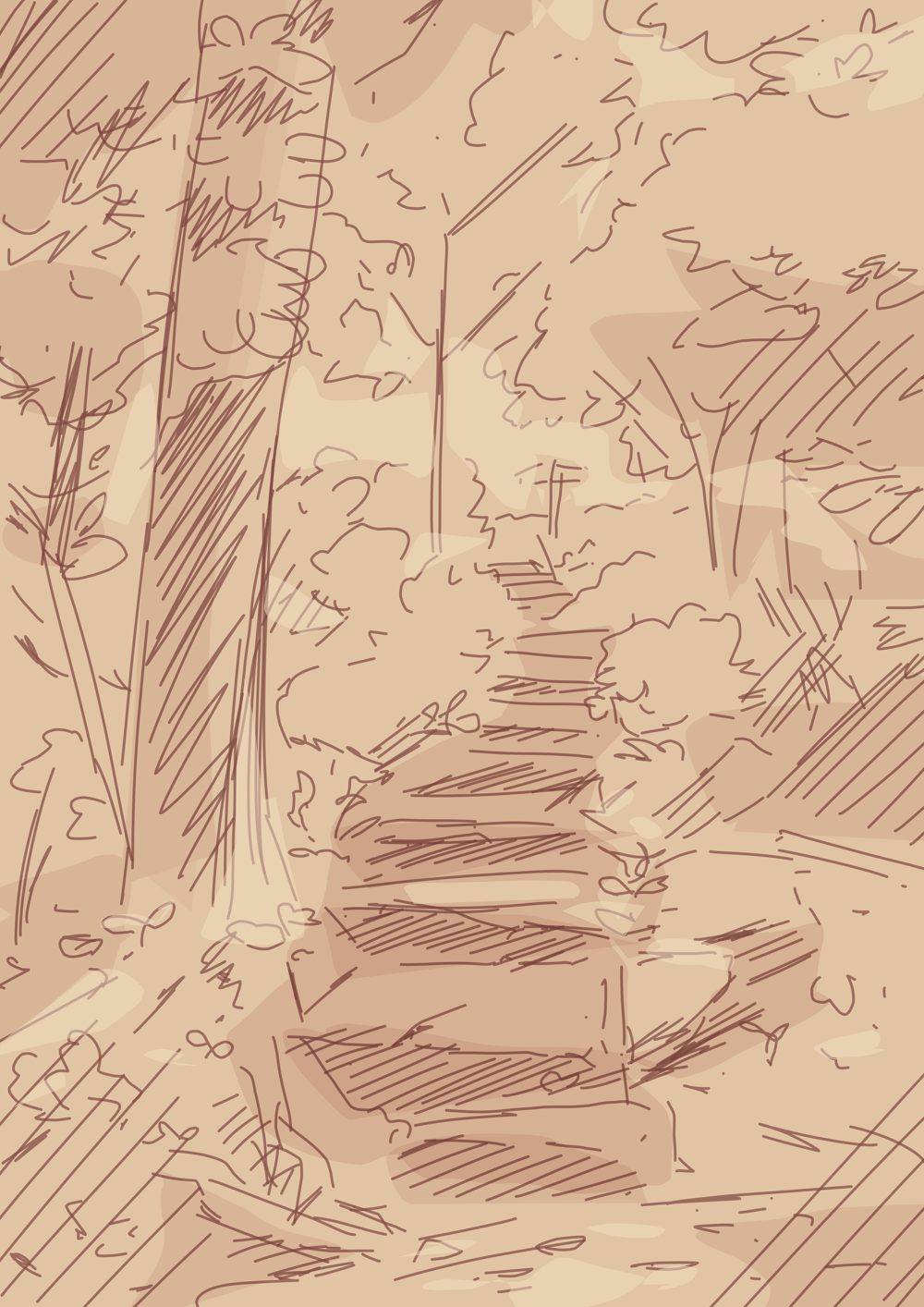 Scribbly brown sketch of a stair in the middle of the forest 