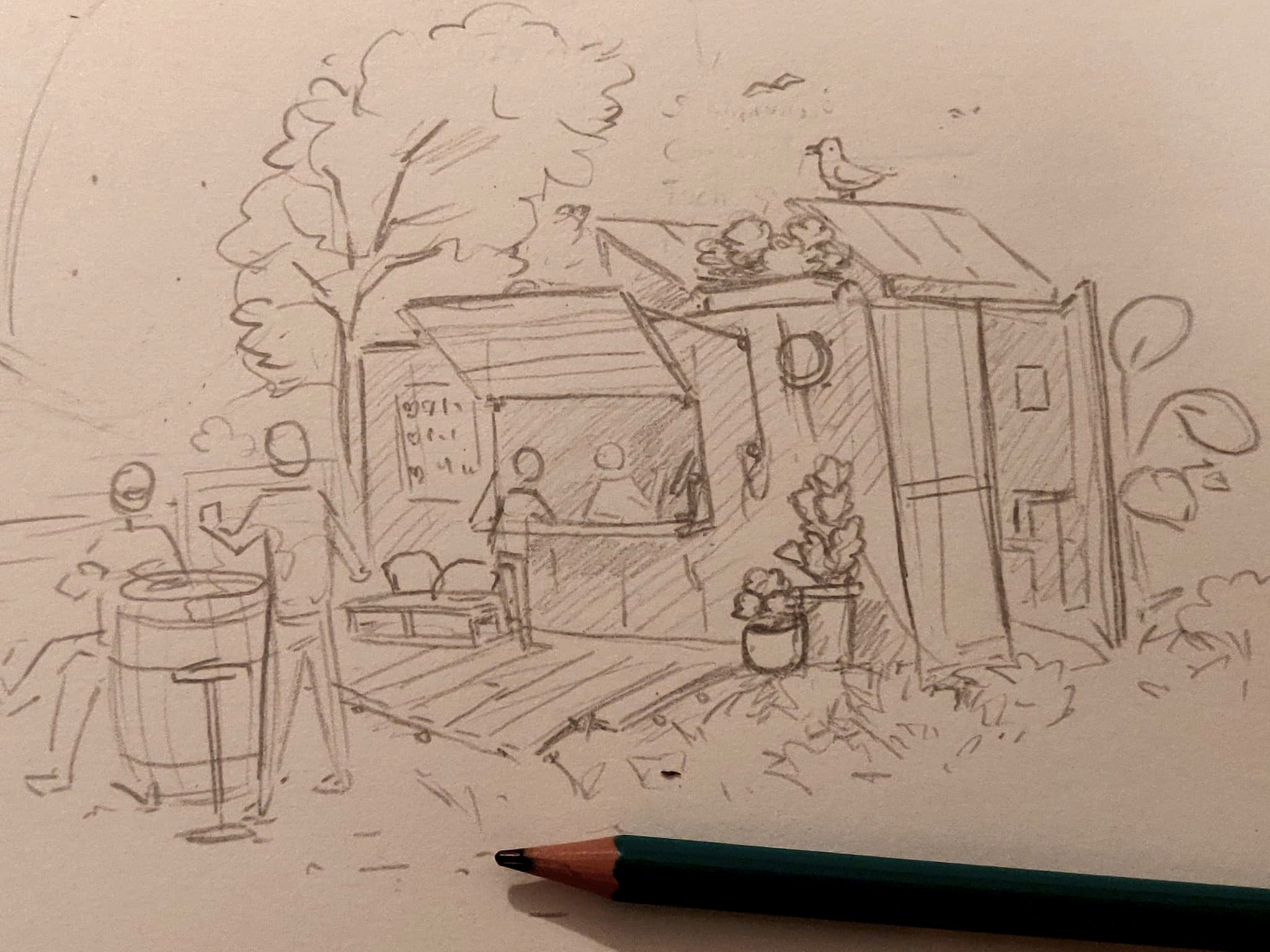 Sketch of a coffee shop opening in a shipping container, surrounded by grass and potted plants. Two solar panels are on the roof, with a bird sitting on top. The waiter is chatting with someone, and two other person are sharing a drink using a barrel as a table.