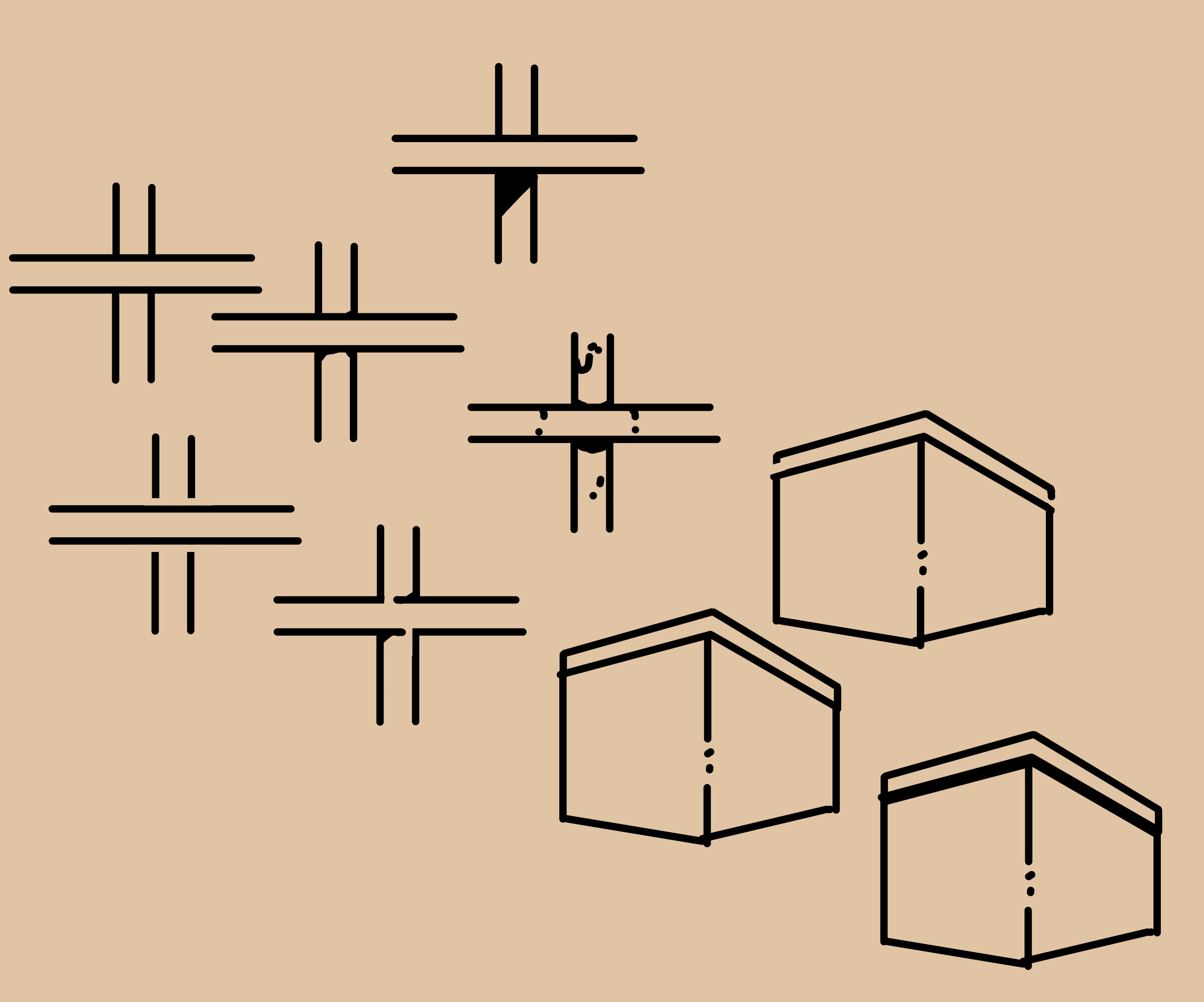 Variation of crosses and boxes drawn on brown background, show how simple lines can create various effects
