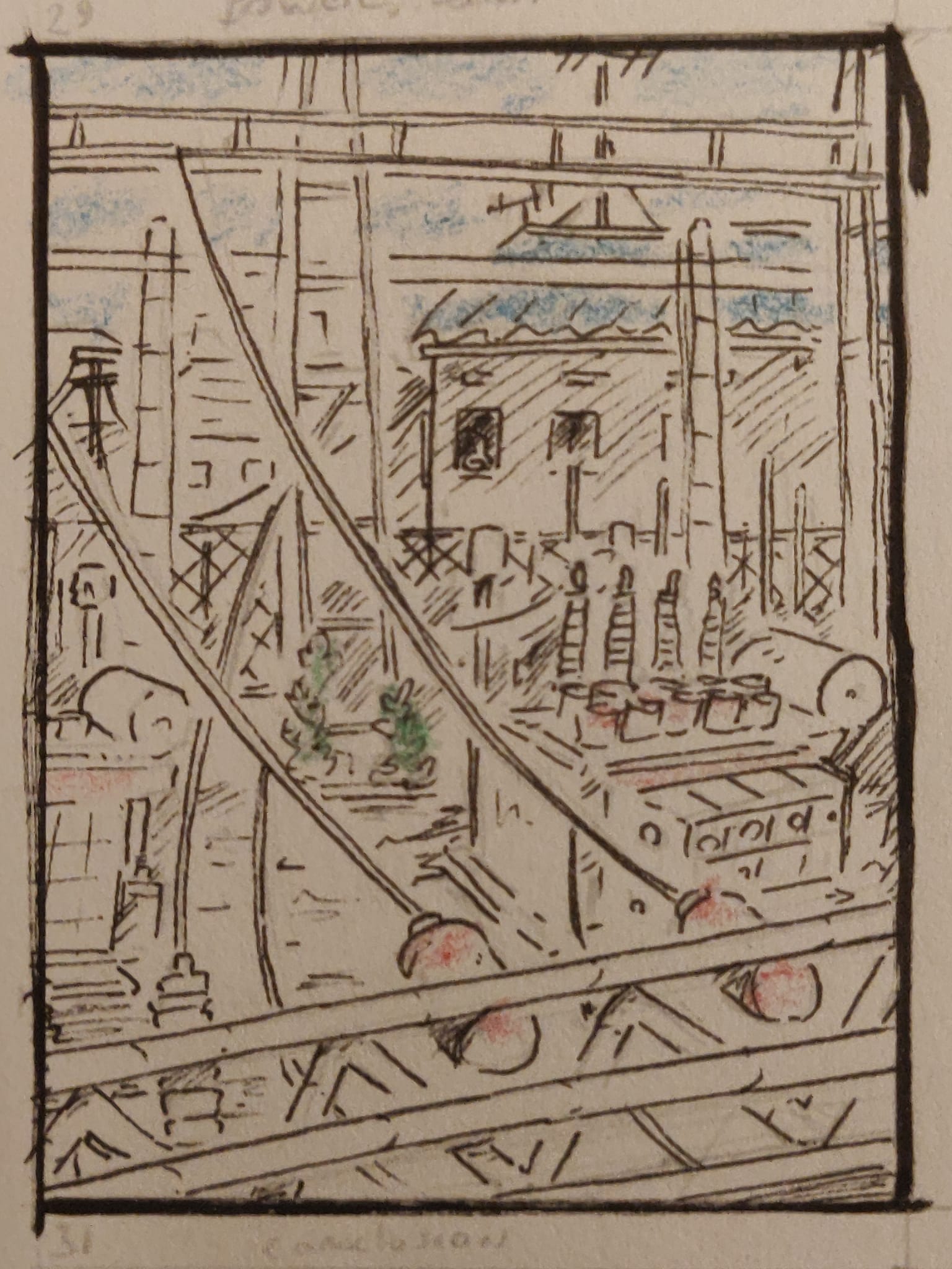 Illustration of a electrical substation, tasked to transform high voltage and distribute it across the city. The picture looks like an organized mess of tangled wires. Buildings can be seen in the back.