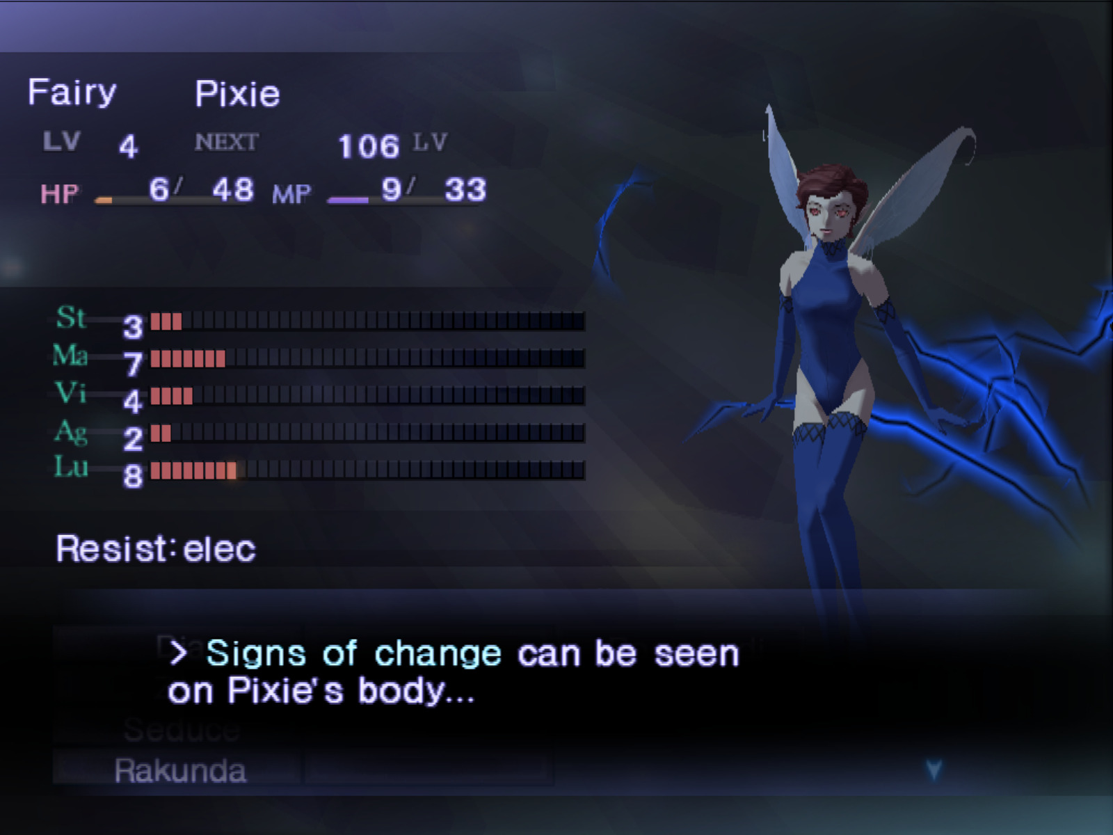 "Sign of change can be seen on Pixie's body..." is displayed on the screen as lighting surrounds her