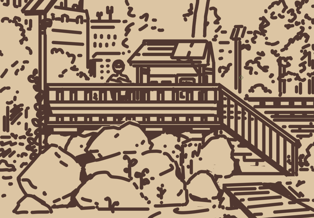 Rough sketch with thick brown lines of a view of a pond in a park: A rock pile supports a wooden platform where a person is standing, looking at the water.
