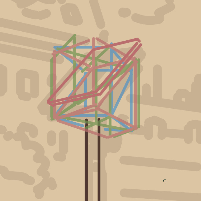 Sketch: various colorful box outline all stacked on top of each other in order to rotate a inclined plane in perspective
