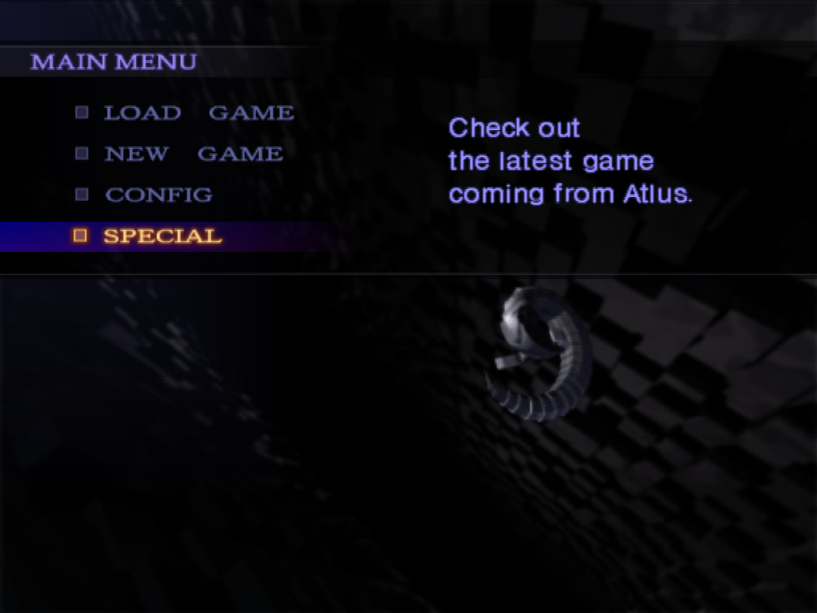 Menu of SMT:Nocturne, where the "Special" option is described as "Check out the latest game coming from Atlus"