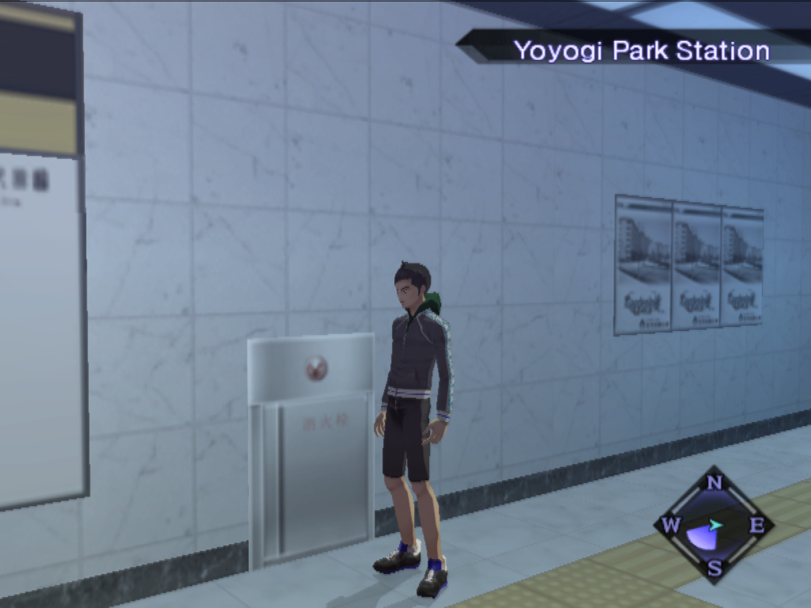 The protagonist from the game is standing in the metro exit, next to a texture against the wall of a metallic panel with a red button on it