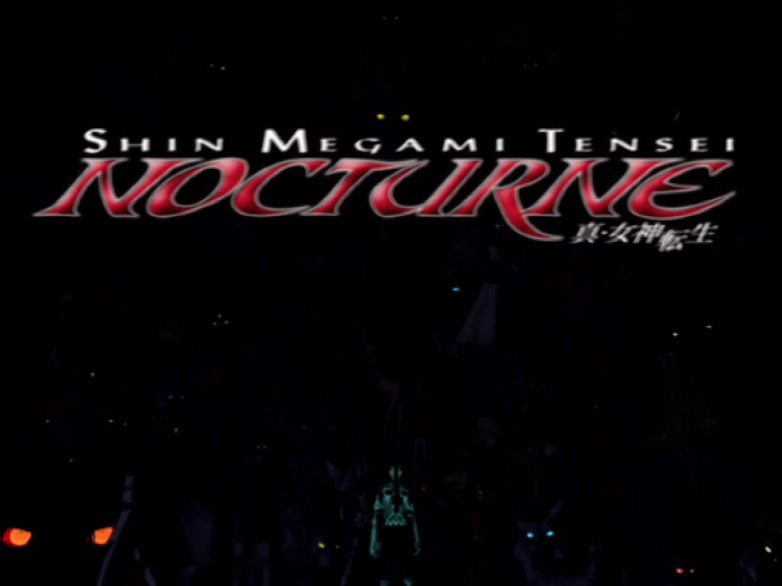 Title screen of Shin Megami Tensei: Nocturne. The protagonist is standing in a dark environment, surrounded by glowing eyes of powerful demons